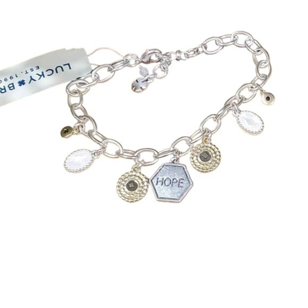 Lucky Brand Silver Tone Charm Bracelet Hope Hexagon‎ White Oval Gold Tone Charms